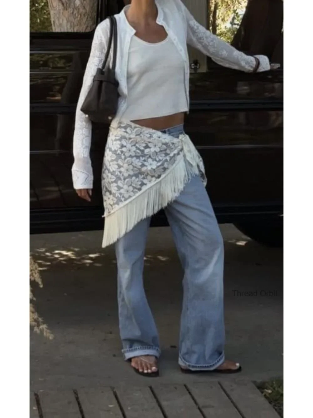 Y2K Lace Hip Scarf Triangle Tassel Waist Belt Skirt Sheer Cover Up